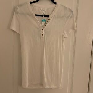 Market & Spruce Joanne Ribbed Knit Henley Tee- White- Size Large- New with tags
